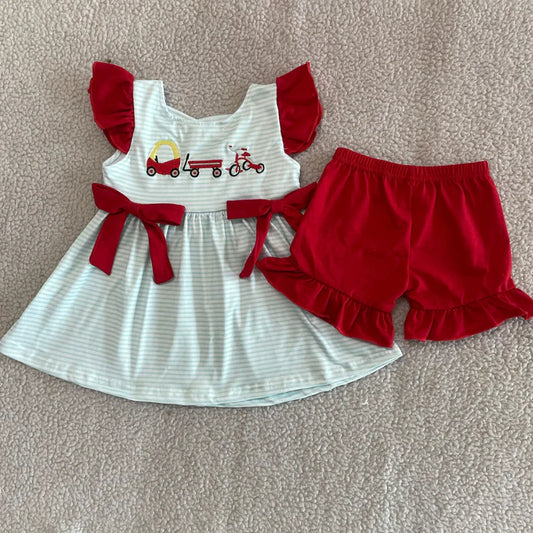 3.23 GSSO2404 Baby Girls Red Flutter Sleeves Trucks Bows Tunic Red Ruffle Short Set Preorder