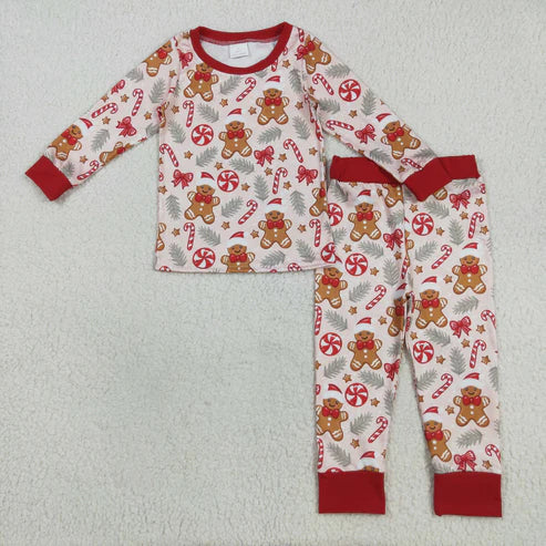 8.12 BLP1093 Baby Boys Red Long Sleeves Gingerbread Candy Cane Top Pant Pajamas Set