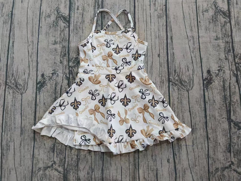 7.31  Custom Moq 5 Baby Girls Straps Yellow Bows Saints Shorts Ruffle Team Knee Length Dresses