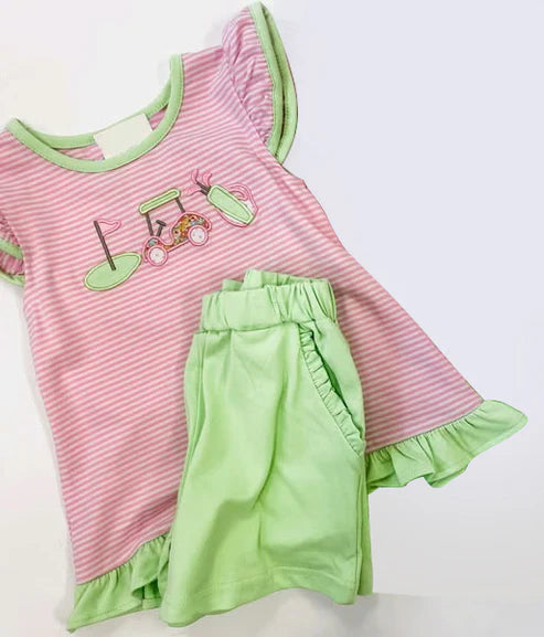 4.23 GSSO2583 Baby Girls Pink Stripe Flutter Sleeves Golf Tunic Green Ruffle Pockets Short Set Preorder