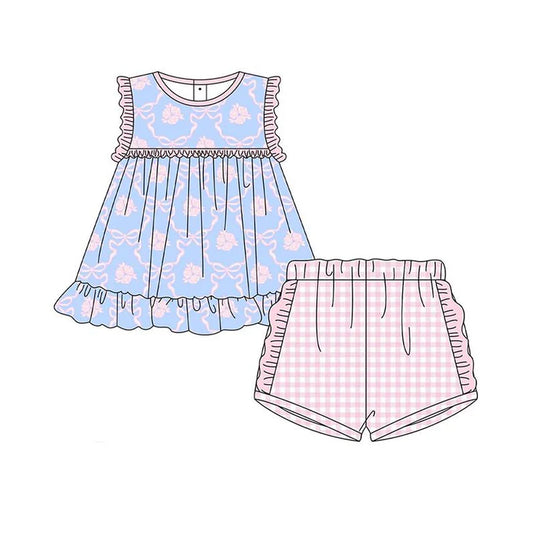 3.23 GSSO2403 Baby Girls Lavender Sleeveless Bows Floral Tunic Plaid Ruffle Short Set Preorder