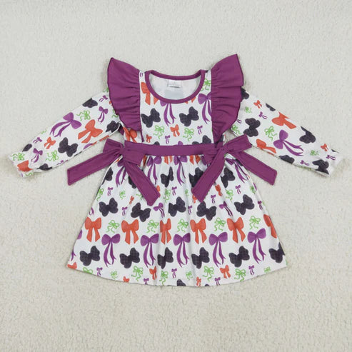 8.12 GLD1113 Baby Girls Long Ruffle Sleeves Colorful Bows Plaid Knee Length Dress