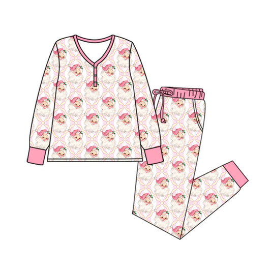 6.17 GLP2371 Adult Women Long Sleeves Pink Santa Plaid Top Pants Pajamas Set Preorder