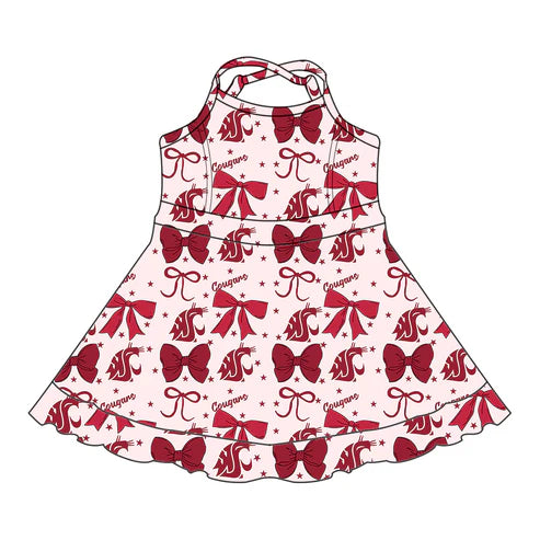 7.3  Custom Moq 3 Baby Girls Strap WSU Bows Plaid Short Ruffle Team Knee Length Dresses