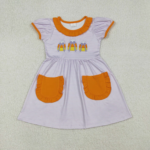 9.16 GSD2791 Embroidery Baby Girls Lavender Stripe Bows Candy Pockets Thanksgiving Knee Length Dress
