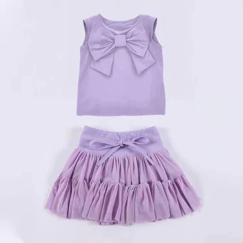 3.20 GSD2193 Baby Girls Purple Sleeveless Bow Top Vest Patchwork Skirt Clothes Set Preorder