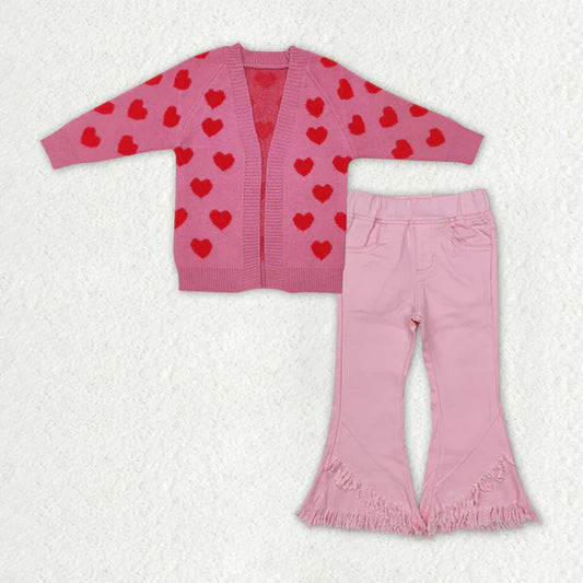 3.18 GT0372+P0463 Baby Girls 2pcs Valentines Hearts Cardigan Sweaters Pink Denim Pants Set
