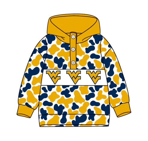 10.15 Custom Moq 8 Baby Boys Blue Yellow Camo WV Team Button Hoodies Top