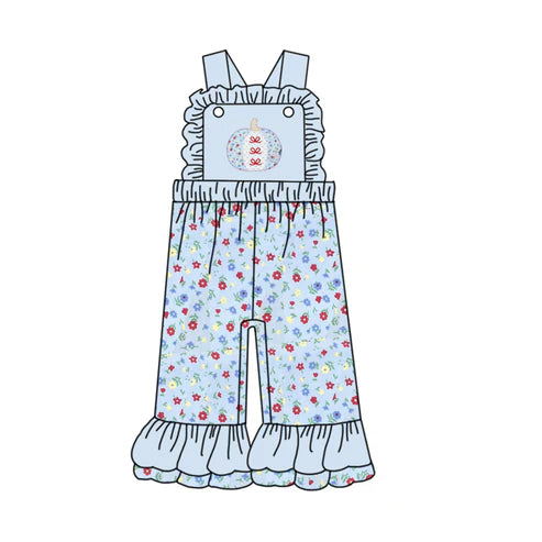 6.27 SR3182 Baby Girls Blue Strap Bows Floral Pumpkins Ruffle Pant Jumpsuits Preorder