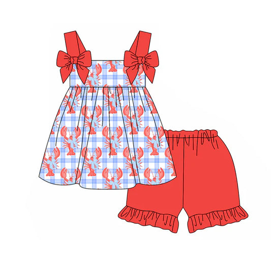 L-3.5 GSSO2117 Baby Girls Blue Checkered Crawfish Bow Top Shorts Clothes Sets Preorder