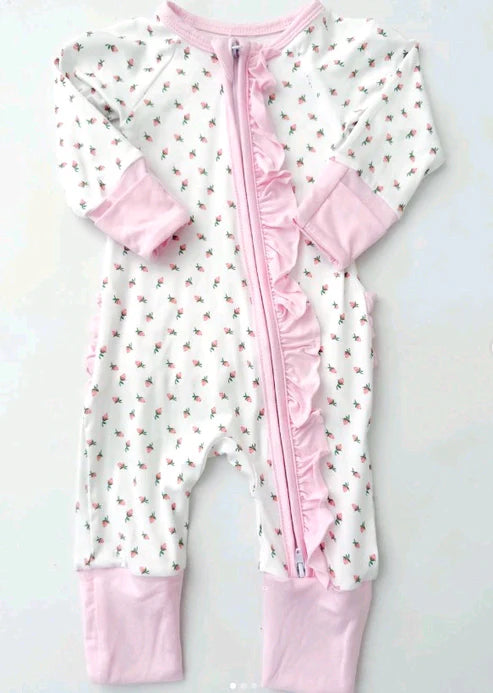 9.29 LR2724 Baby Girls Pink Flowers Plaid Ruffle Zipper Footie Rompers Preorder
