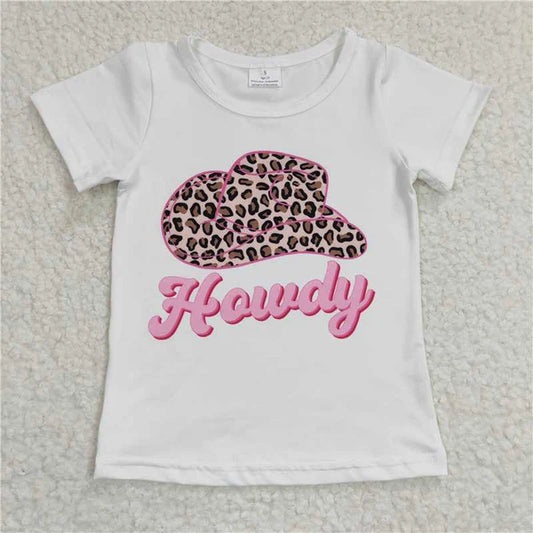 GT0138 Girl howdy leopard print hat White Short Sleeve Top