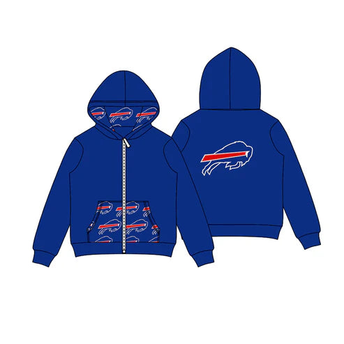 8.11 Custom Moq 5 Baby Boys Hot Blue Bulls Team Pocket Zipper Hoodies Tops
