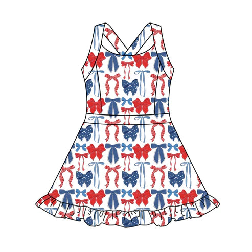 4.3 GSD2345 Baby Girls Strap Blue Red Bows 4th Of July Active Knee Length Dresses Preorder