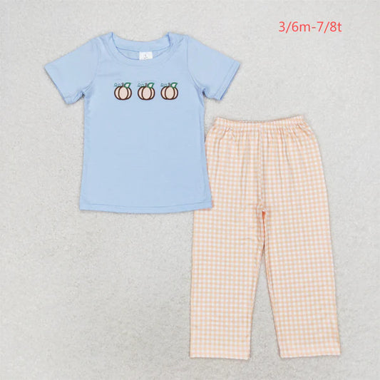 BSPO0371 Halloween Embroidered pumpkin Blue short sleeve orange plaid pants suit