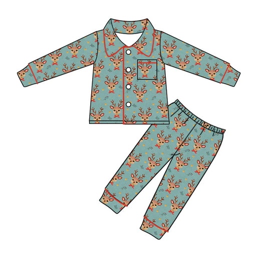 6.11 GLP1997 Baby Kids Christmas Reindeer Buttons Top Pants Pajamas Clothes Sets Preorder