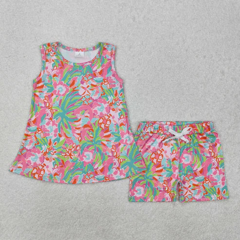 GSSO1749 Baby Girls Green Seaweed Flowers Tunic Shorts Clothes Set