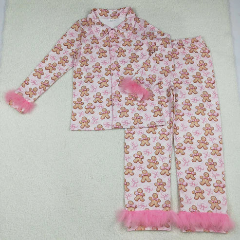 10.10 GLP2716 Adult Women Pink Bows Gingerbread Plaid Button Top Pants Christmas Fur Pajamas Set