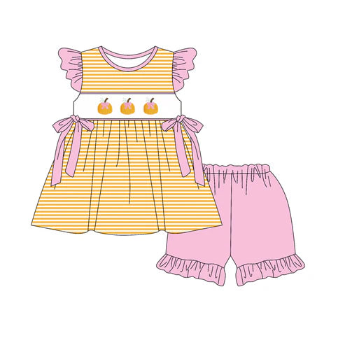 6.13 GSSO2644 Baby Girls Flutter Sleeves Yellow Stripe Pumpkins Tunic Ruffle Short Set Preorder