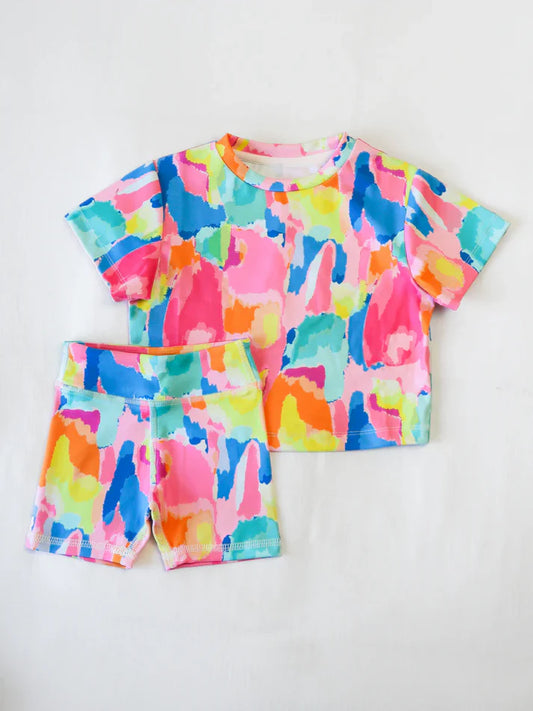 6.13 GSSO2651 Baby Girls Short Sleeves Watercolor Camo Top Shorts Pajamas Set Preorder