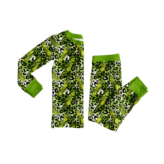 7.25  GLP2634 Baby Girls Green Long Sleeves Leopard Green Faces Top Pants Pajamas Set Preorder