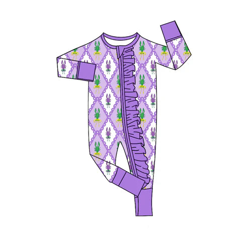10.20 LR2749 Baby Girls Purple Checked Crayfishes Mardigras Ruffle Zipper Footie Rompers Preorder