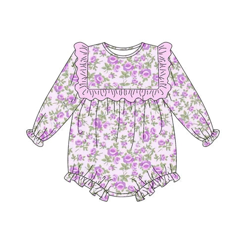 9.4 LR2624 Baby Girls Long Sleeve Hot Pink Flowers Ruffle Rompers Preorder