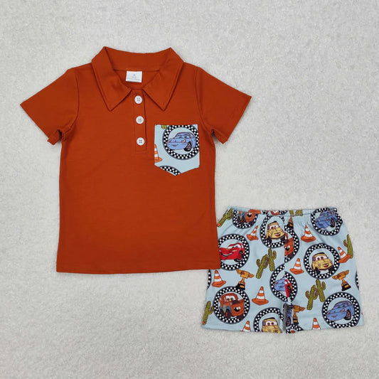 BSSO1210 Baby Boys Pocket Shirts Western Racing Car Cactus Shorts Clothes Set
