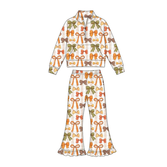 7.25 design Baby Girls Bows Zipper Pocket Pullover Top Bell Bottom Pant Fall Clothes Sets