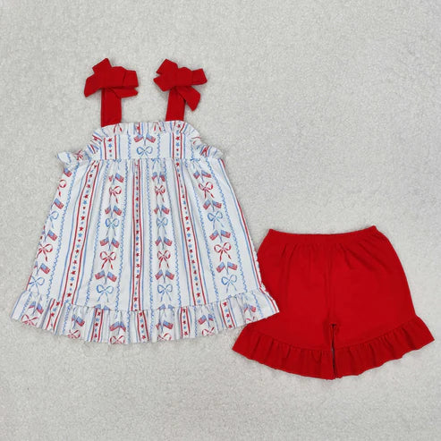 GSSO1786 Baby Girls 4th Of July Flag Bow Tunic Ruffle Shorts Clothes Set