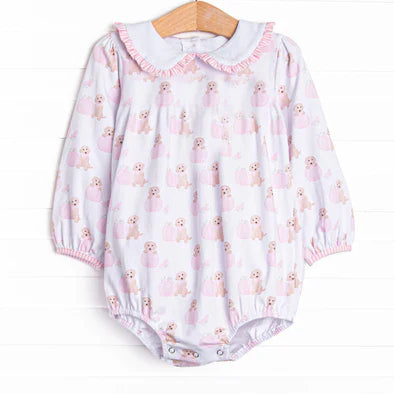 7.1 no moq LR2351 pre-order baby girl clothes pumpkin puppy pink long sleeve romper