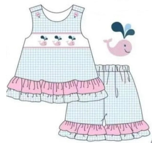 5.12 Girls Whale Sleeveless Plaid Short Sleeve Shorts with Lace Outfit