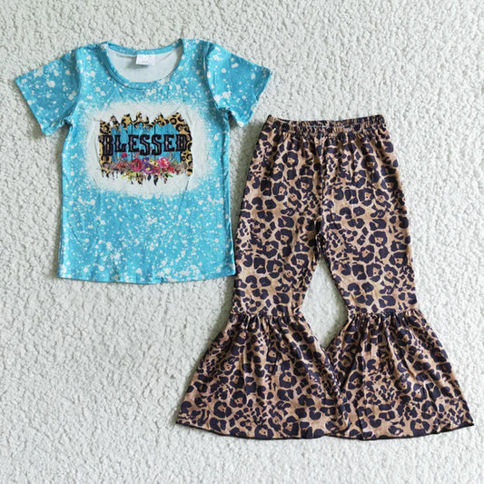 L-3.7 A14-24 blessed blue short-sleeved leopard print wide-leg pants suit