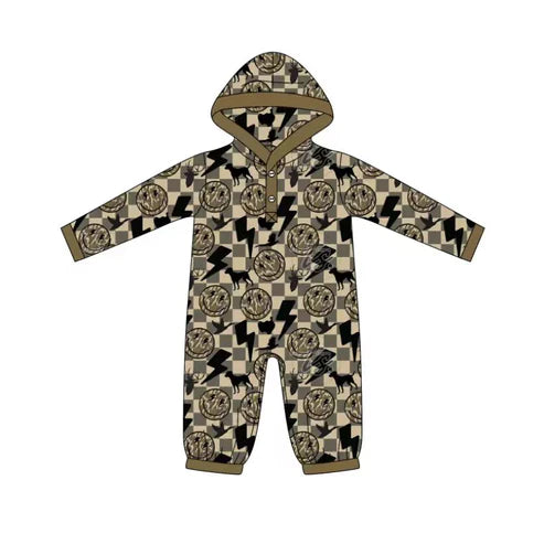 9.9 Custom Moq 5 Baby Boys Khaki Checked Lights Smiles Button Hoodie Footie Rompers