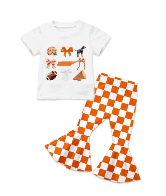 8.21 Custom MOQ 5 Baby Girls Short Sleeve Dogs Team Shirts Plaid Pant Sets