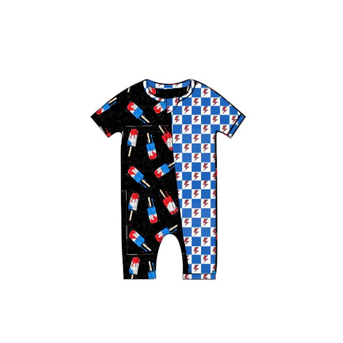 3.19 SR2906 Baby Infant Boys Short Sleeves Popsicle Lightning Plaid Zipper Rompers Preorder