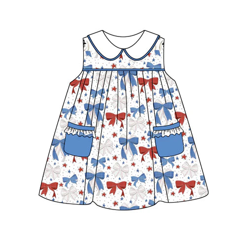 GSD2148 Baby Girls 4th Of July Blue Red Bows Sleeveless Knee Length Dresses preorder
