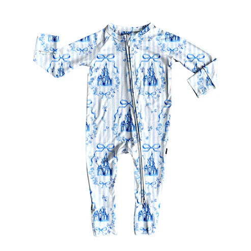 9.19  LR2661 Baby Girls Blue Stripe Bows Castles Zipper Footie Rompers Preorder