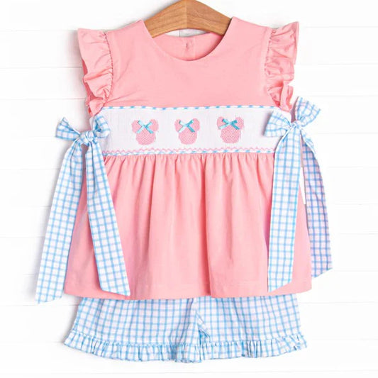 L-3.5 GSSO2126 Baby Girls Pink Cartoon Mouse Bows Top Ruffle Shorts Clothes Sets Preorder