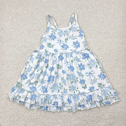 4.29 GSD2377 Baby Girls Blue Strap Floral Knee Length Dress