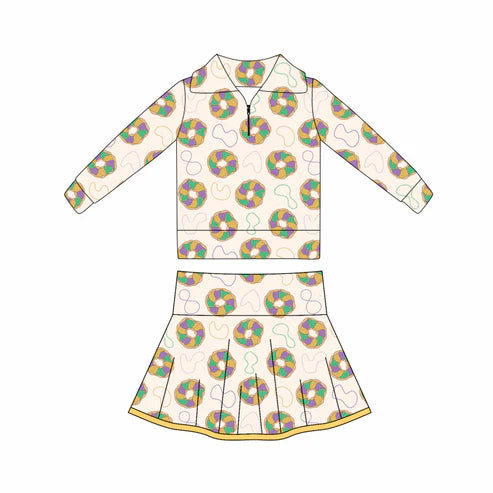 10.28 GLD1398 Baby Girls Mardigras Donuts Lights Zipper Pullovers Skorts Yoga Clothes Sets Preorder