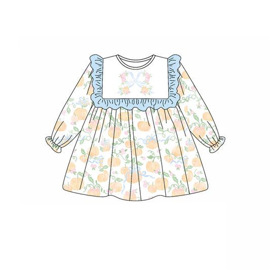 6.12  GLD1084 Baby Girls Long Ruffle Sleeves Light Blue Pumpkins Plaid Knee Length Dresses Preorder