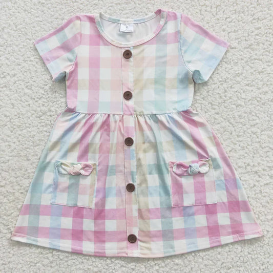 GSD0296 Baby Girls Pink Plaid Short Sleeve Pocket Knee Length Dress