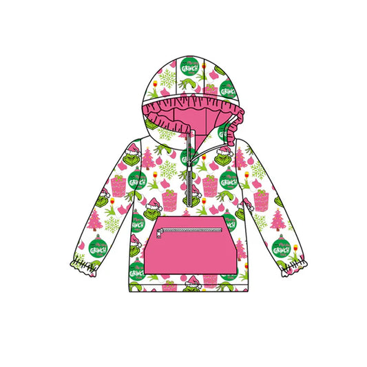 8.26  GT1164 Baby Girls Green Face Gifts Pocket Zipper Christmas Hoodies Top Preorder