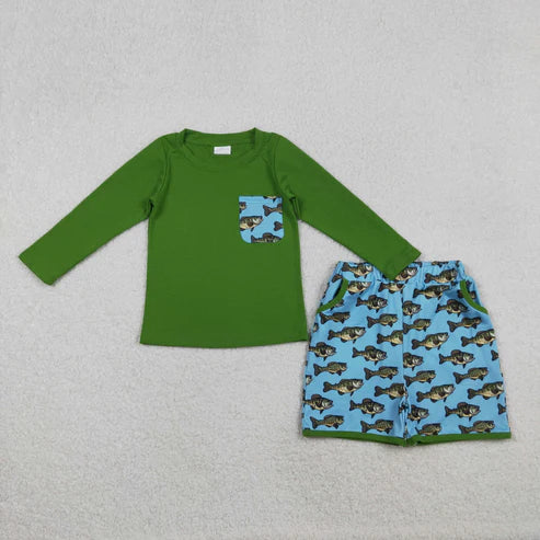 10.30 BLS0010 Baby Boys Green Long Sleeve Fishes Plaid Top Pockets Shorts Hunting Clothes Set）