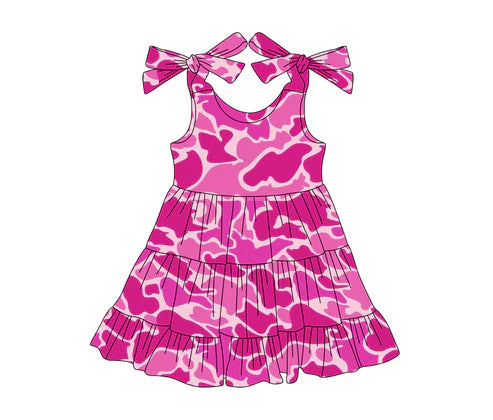 3.22 GSD2202 Baby Girls Pink Bows Strap Camo Print Patchwork Knee Length Dresses Preorder