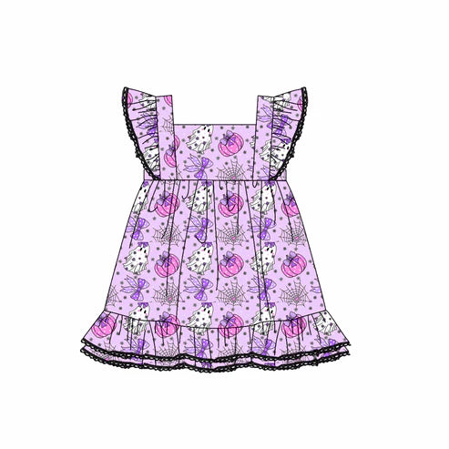 7.30 GSD2762 Baby Girls Lavender Flutter Sleeves Ghost Pumpkins Ruffle Knee Length Dresses