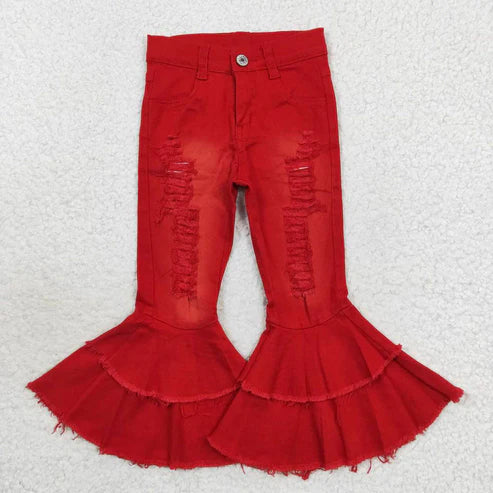 L-3.7 P0270 ripped red double-layer flared denim trousers