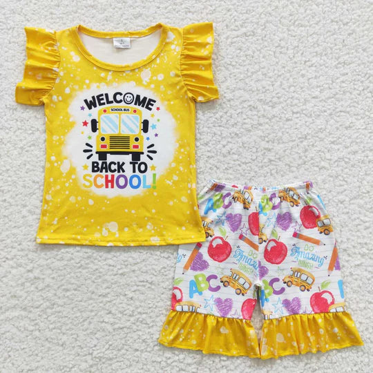 3.10 GSSO0284 RTS yellow toddler girl clothes back to school girl shorts set