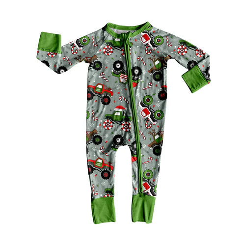 9.19 LR2669 Baby Boys Trucks Candy Cane Christmas Zipper Footie Rompers Preorder